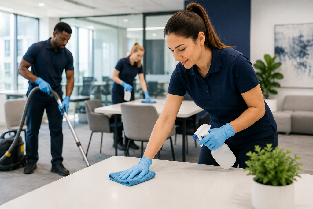 Professional cleaner servicing a commercial office space